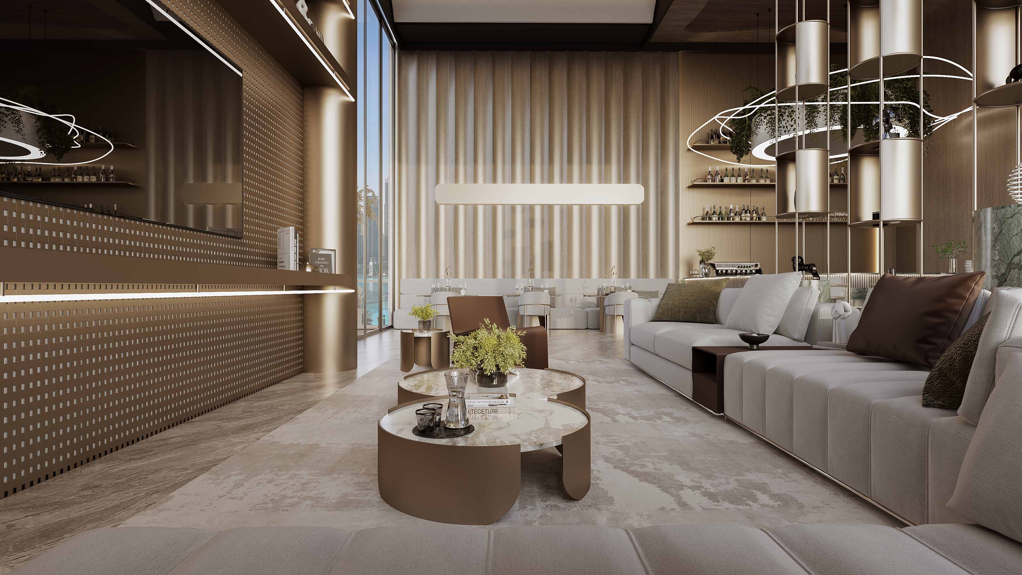 Cove By Imtiaz A modern lounge with elegant furniture, featuring a stylish bar, decorative plants, and large windows for natural light.